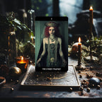 Grunge Goddess Tarot card The Lovers standing on a deck box