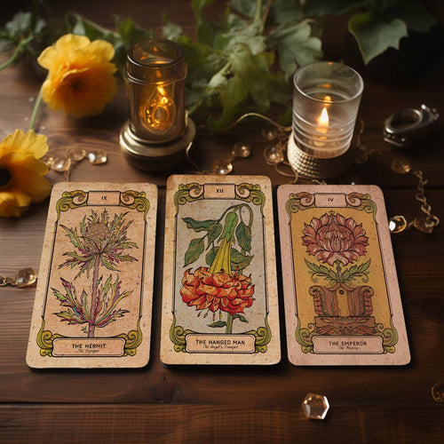 Three Botanica Oculta tarot cards displayed on a wooden tray with a lit candle and yellow flowers