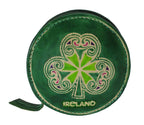 Round green leather coin purse featuring a central hand-painted shamrock design and "Ireland" text