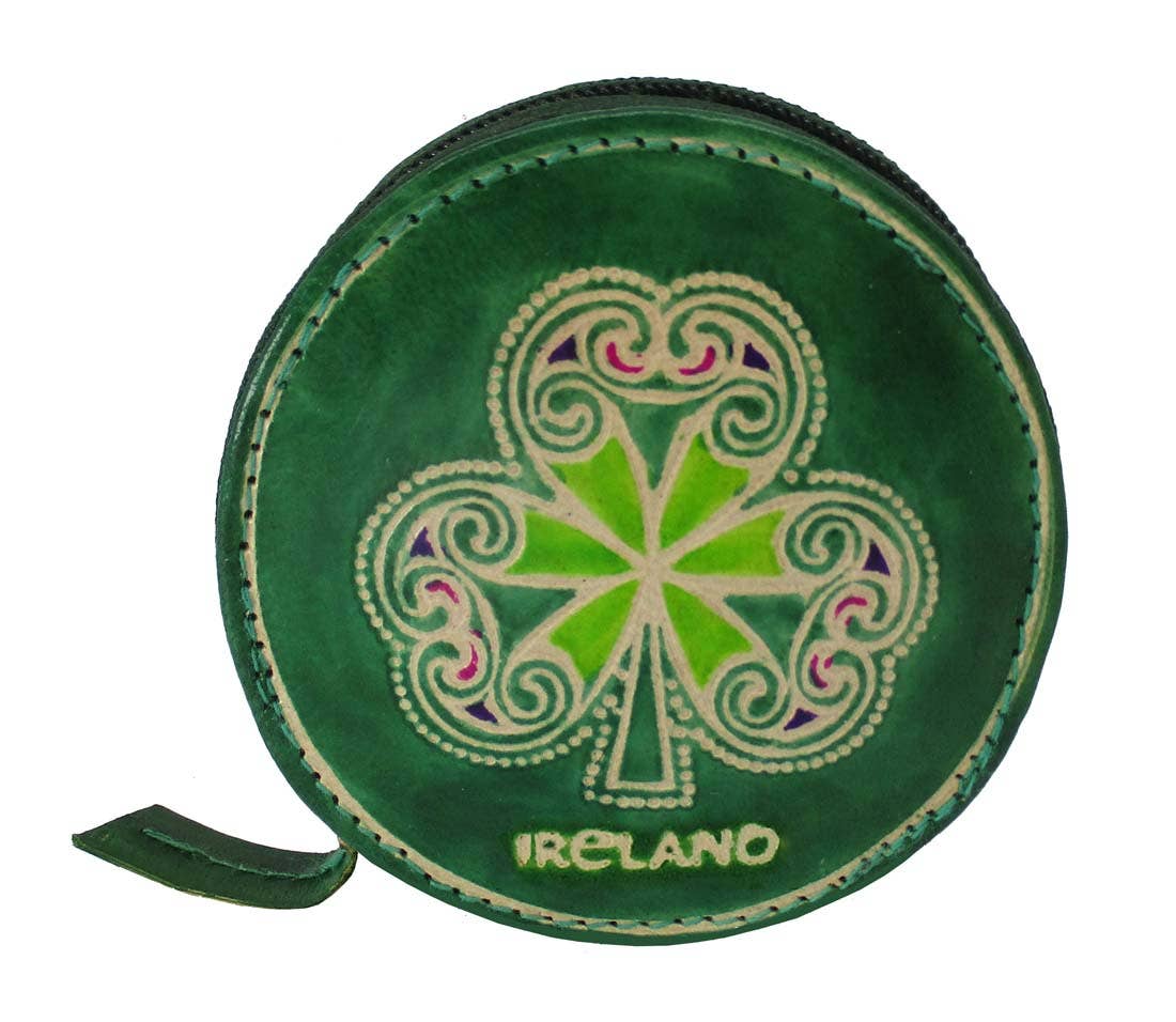 Round green leather coin purse featuring a central hand-painted shamrock design and "Ireland" text