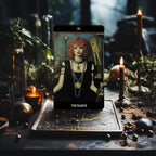 Grunge Goddess Tarot card Strength standing on a deck box