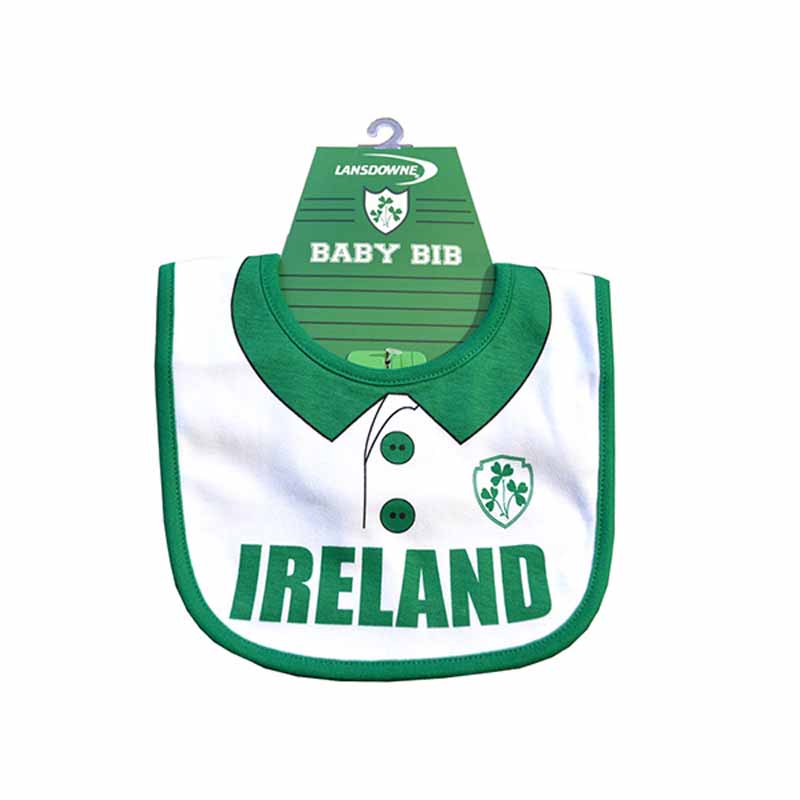 White cotton baby bib with green trim, printed collar, and "Ireland" text