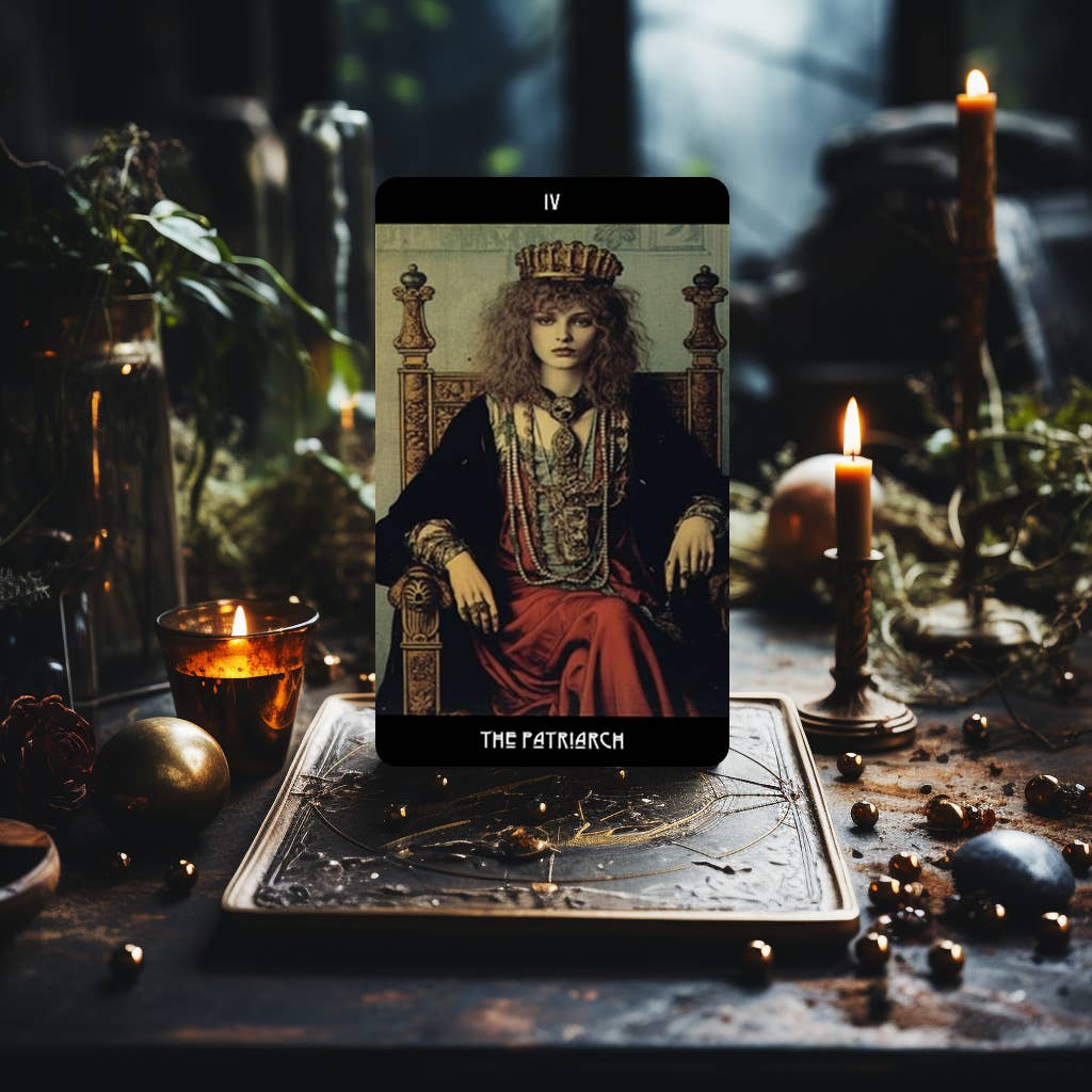 Grunge Goddess Tarot card The Hierophant displayed in a dark forest setting