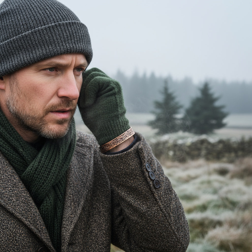 Magnetic Mobility Clover Copper Bracelet – silver-plated version – polished silver-tone cuff with Celtic embossing