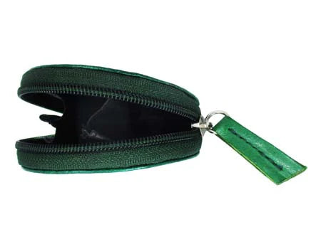 Round green leather coin purse opened