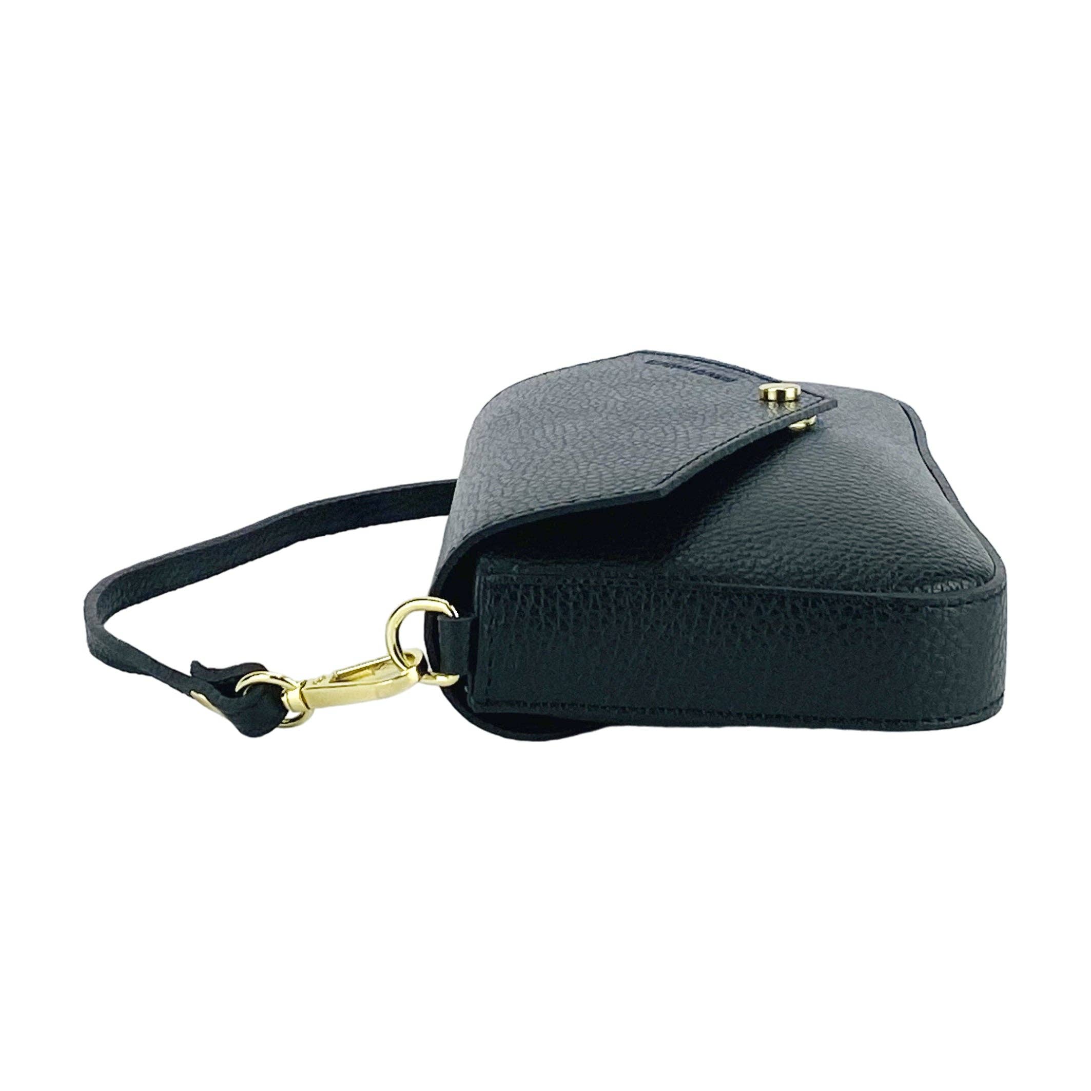 Side and bottom view of black leather shoulder bag showing depth and strap attachment