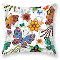 Square outdoor cushion cover featuring colourful butterflies and flowers on white background