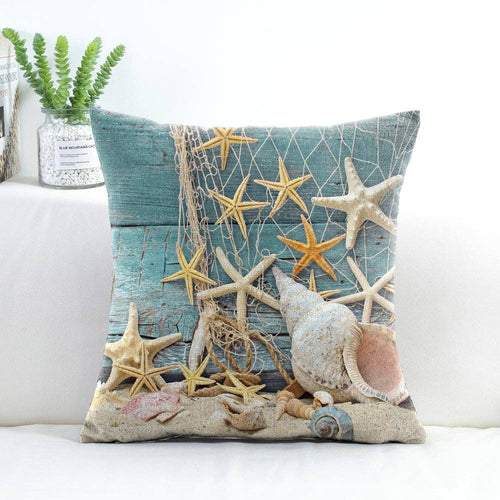 Outdoor beach-pattern cushion cover with starfish and shell design, 45×45 cm.