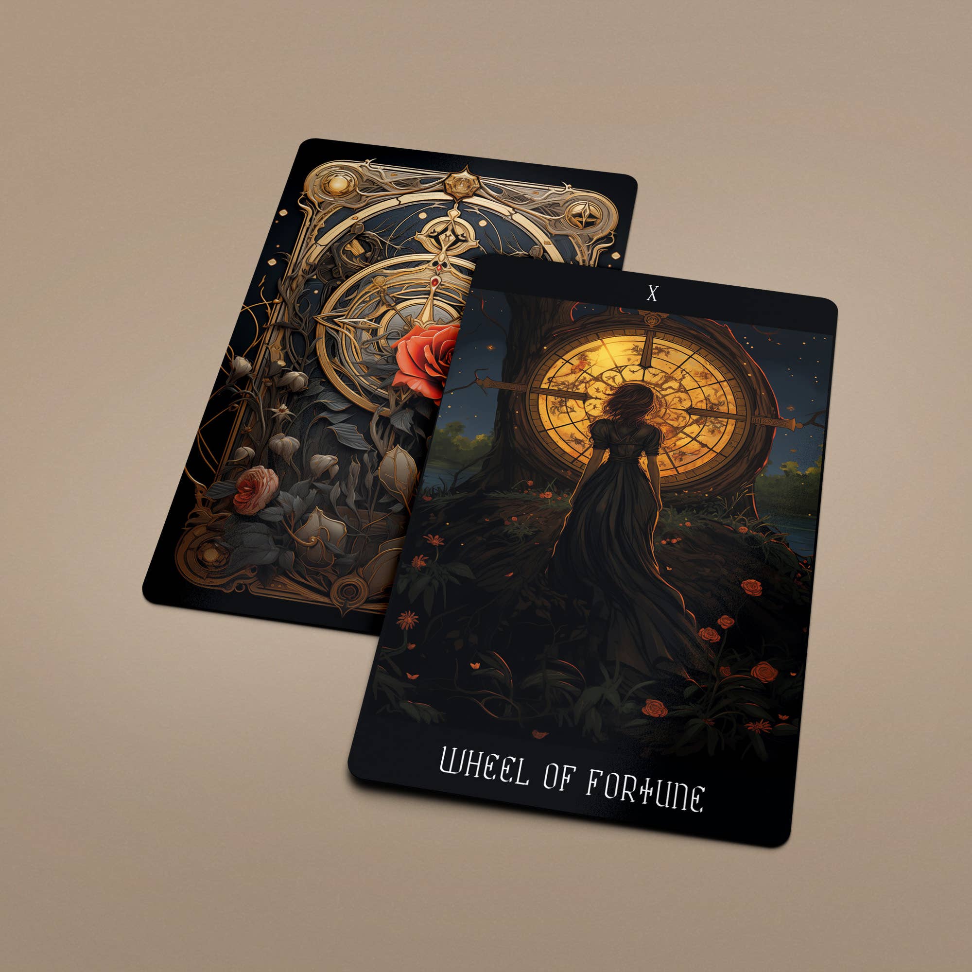 Dark Synevyr Healing with Dreams Tarot Deck 80 Cards – card display – illustrated WHEEL OF FORTUNE card on table setting