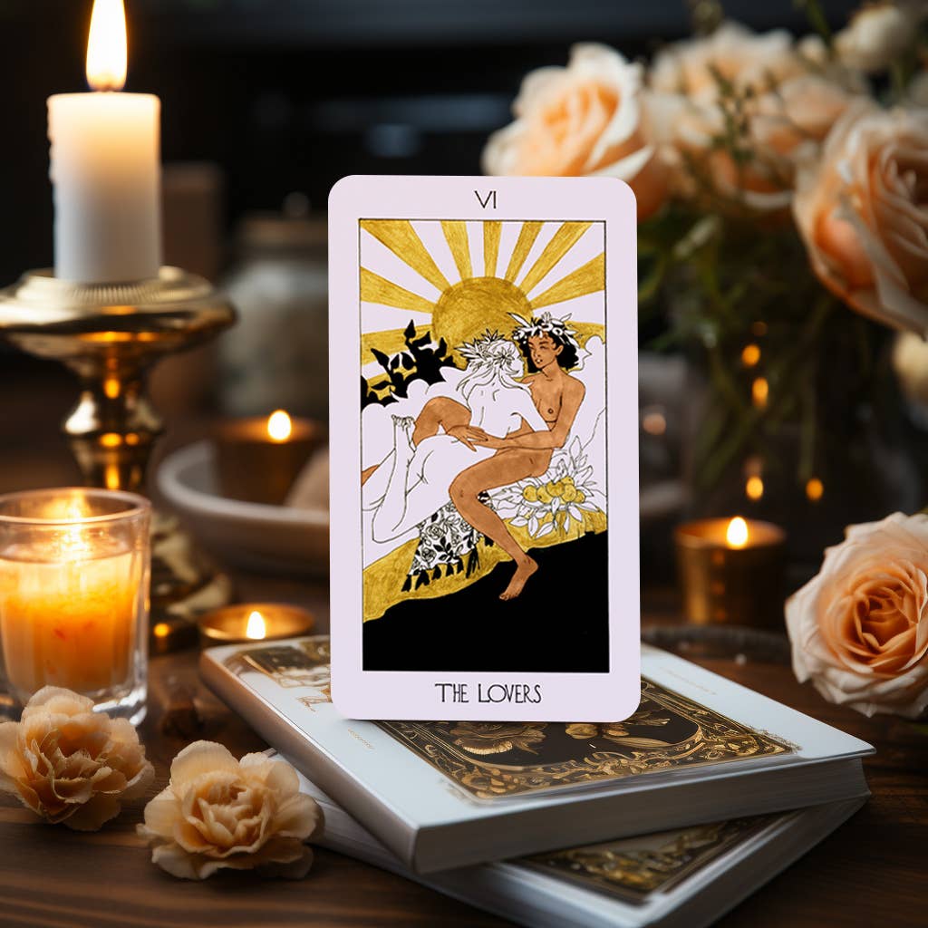 Dark Synevyr The Golden Path Tarot Deck 80 Cards - card The Lovers displayed with candles and roses