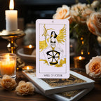 Dark Synevyr The Golden Path Tarot Deck 80 Cards - card Wheel of Fortune displayed with candles