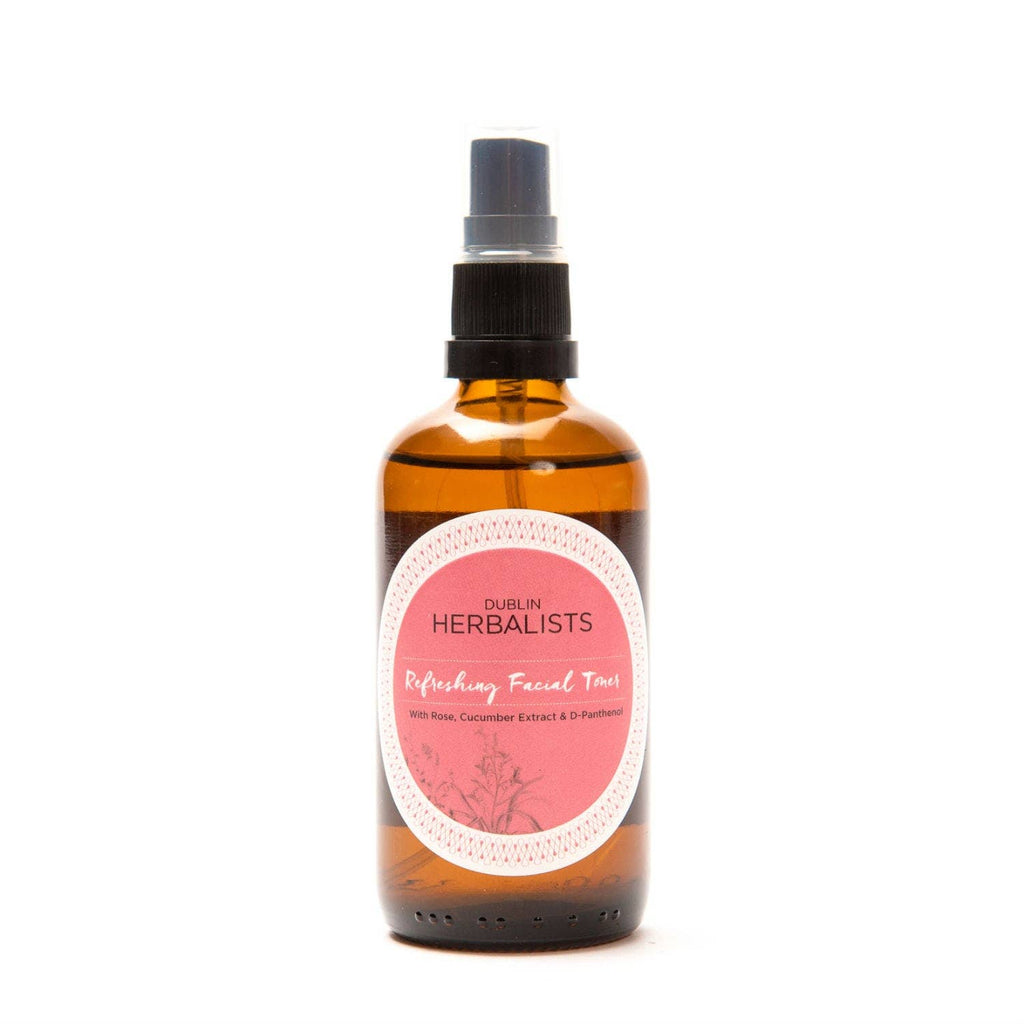 Dublin Herbalists Rose and Cucumber Refreshing Facial Toner 100ml - Amber glass spray bottle of Refreshing Facial Toner with pink label