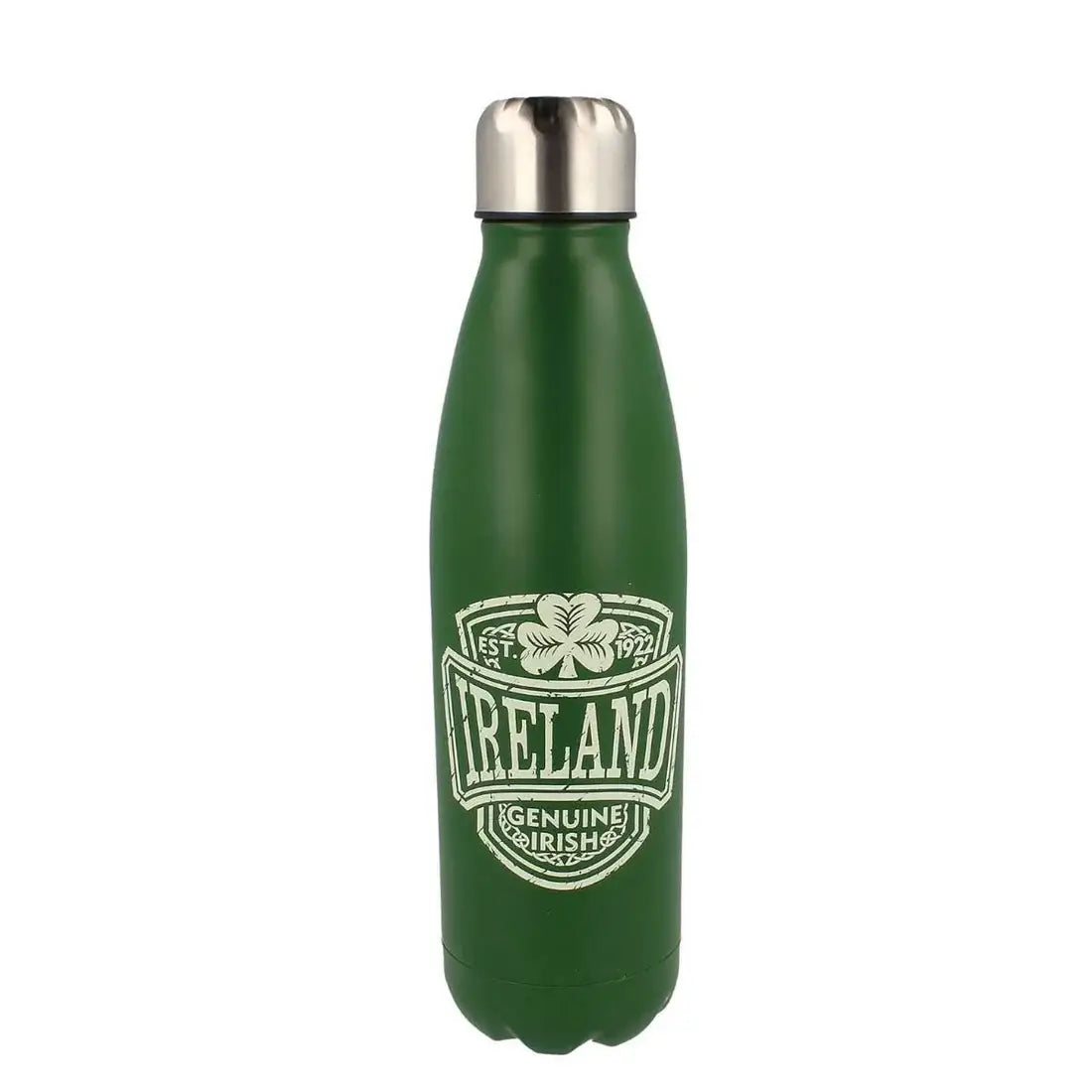 Green metal water bottle featuring white "Ireland" text and shamrock crest design