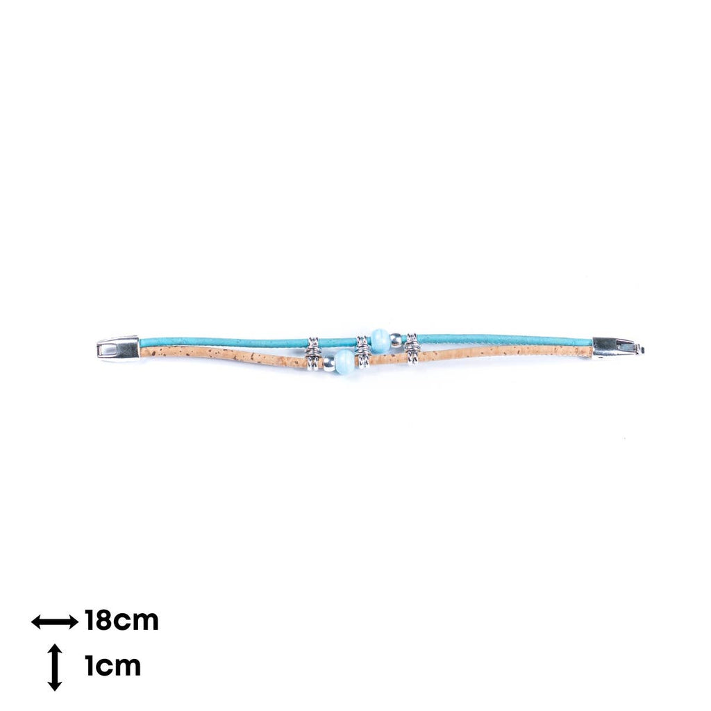 Meninas Bonitas Cork Colourful Ceramic Bead Handmade Bracelet 18x1cm – detail – light blue cork bracelet featuring two light blue marbled ceramic beads, unfastened and presented in its full length, displaying dimensions of 18cm length and 1cm width.