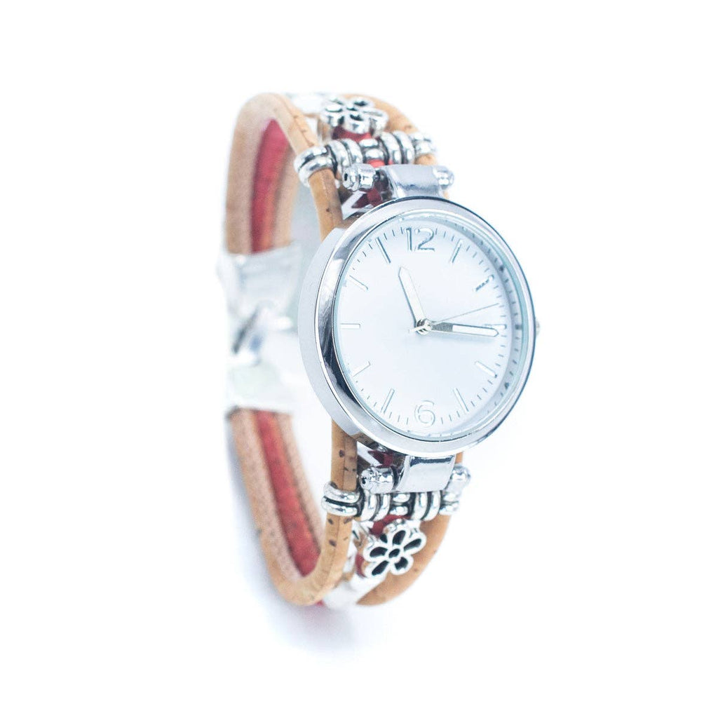 Meninas Bonitas Cork Floral Accent Bracelet Watch 16x3cm – front view – analogue watch with a triple-cord cork strap featuring a pink centre strand and silver-tone floral accents.