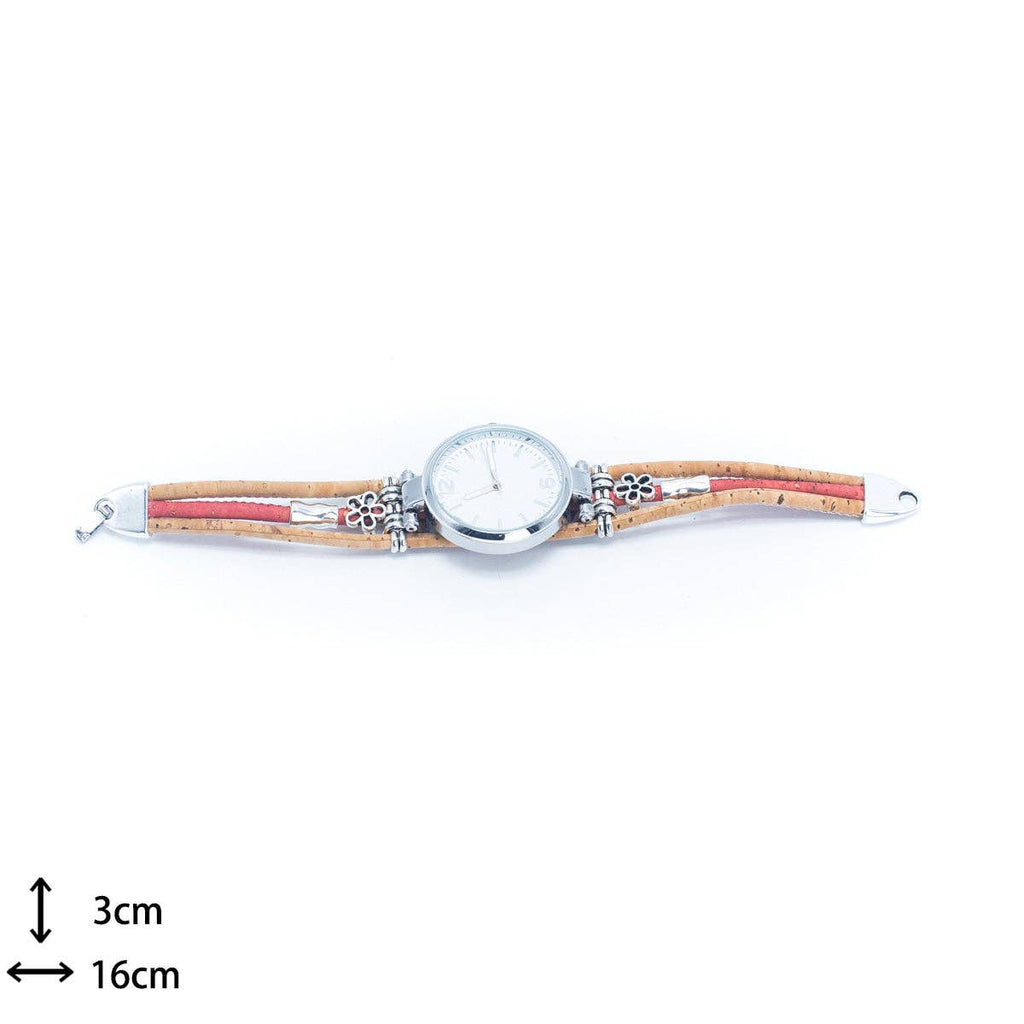 Meninas Bonitas Cork Floral Accent Bracelet Watch 16x3cm – technical – flat view displaying the 16cm length and 3cm width dimensions.