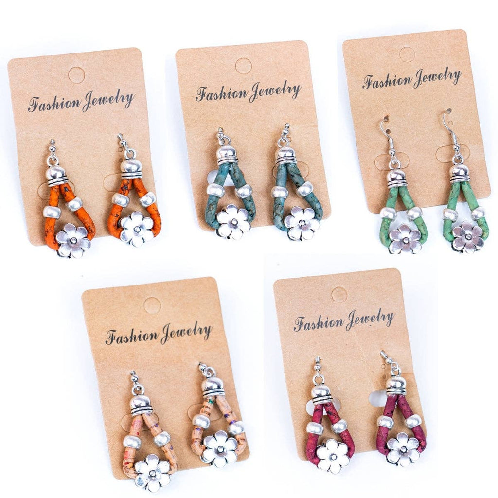 Meninas Bonitas Cork Flower Accessories Handmade Earrings 4x1.5cm – front view – five pairs of cork drop earrings in orange, teal, green, beige, and burgundy displayed on kraft paper cards.