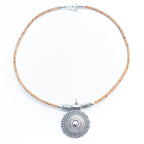 Meninas Bonitas Cork Handmade Cork Necklace 42cm – detail – front view of the natural beige cork necklace with a round silver-tone pendant.