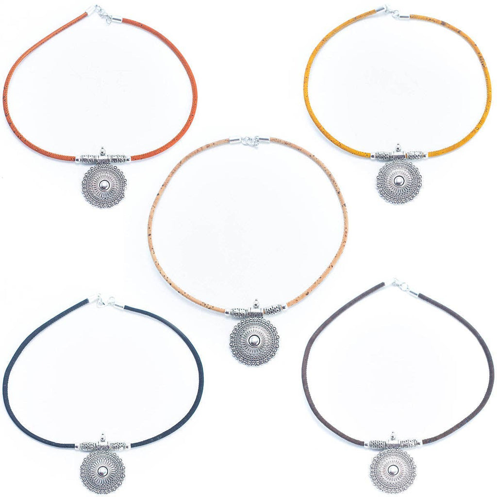 Meninas Bonitas Cork Handmade Cork Necklace 42cm – front view – a group of five cork necklaces in various colours: orange, yellow, natural, black, and brown.