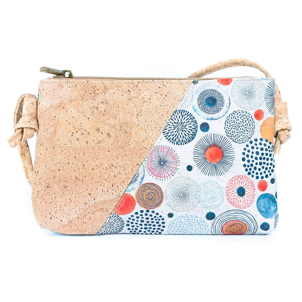 Meninas Bonitas Cork Mini Crossbody Bag 20x13x2.5cm – front view – natural beige cork bag with a vibrant blue and orange floral circle pattern on the front view.