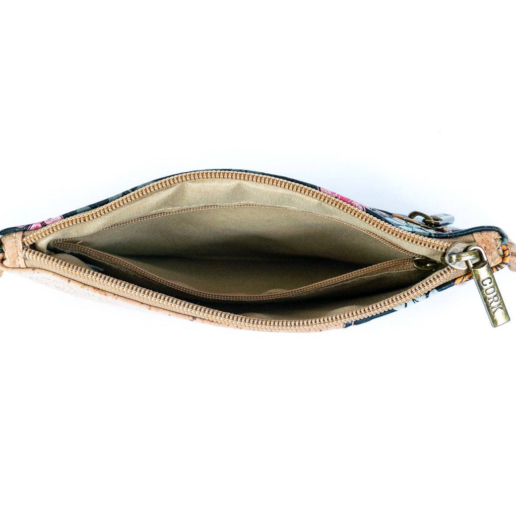 Meninas Bonitas Cork Mini Crossbody Bag 20x13x2.5cm – interior – open view showing the single internal compartment and top zipper detail.