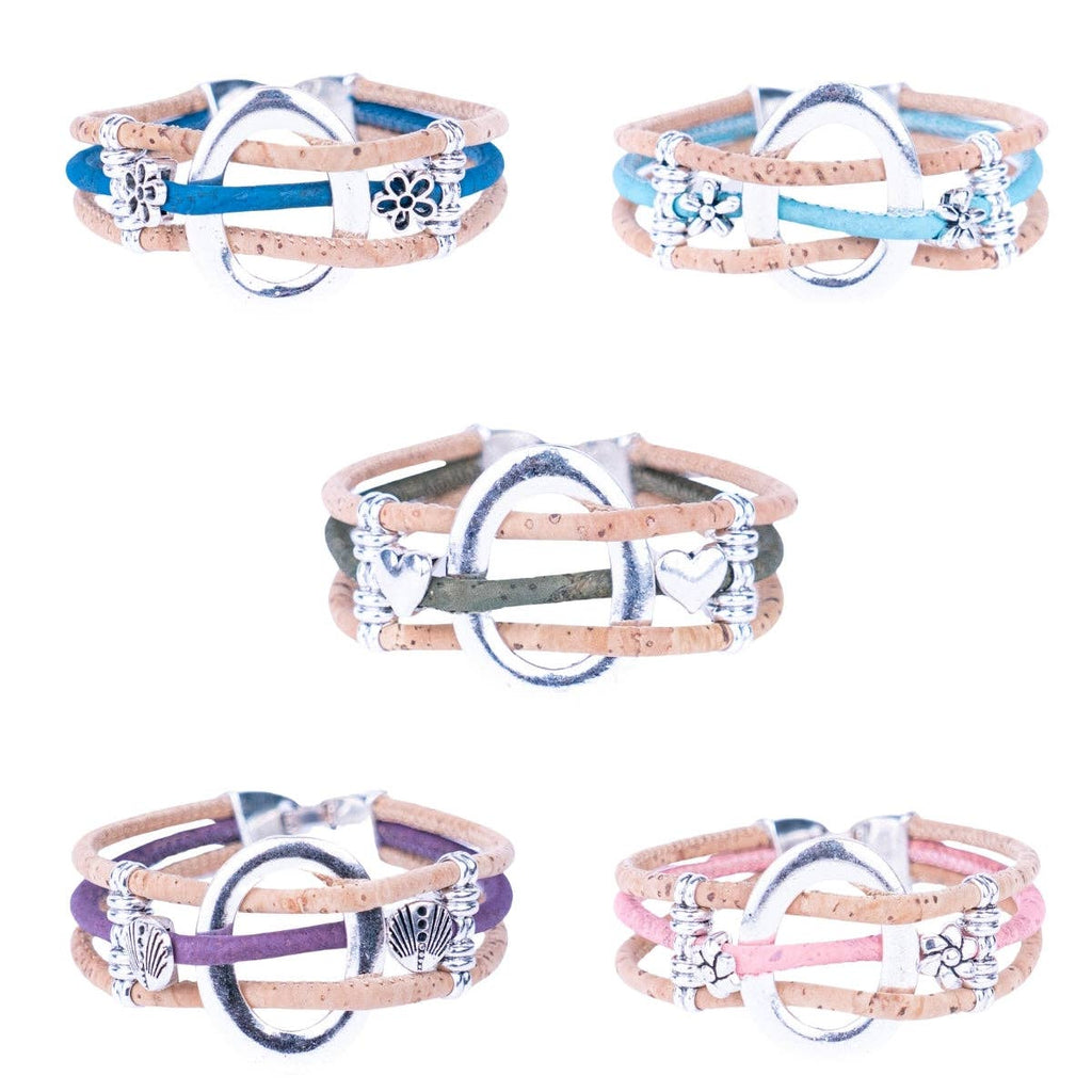 Meninas Bonitas Cork Multi-Colour Floral Handmade Bracelet 19x2.5cm – layout – group shot of five bracelets in royal blue, light blue, green, purple, and pink.