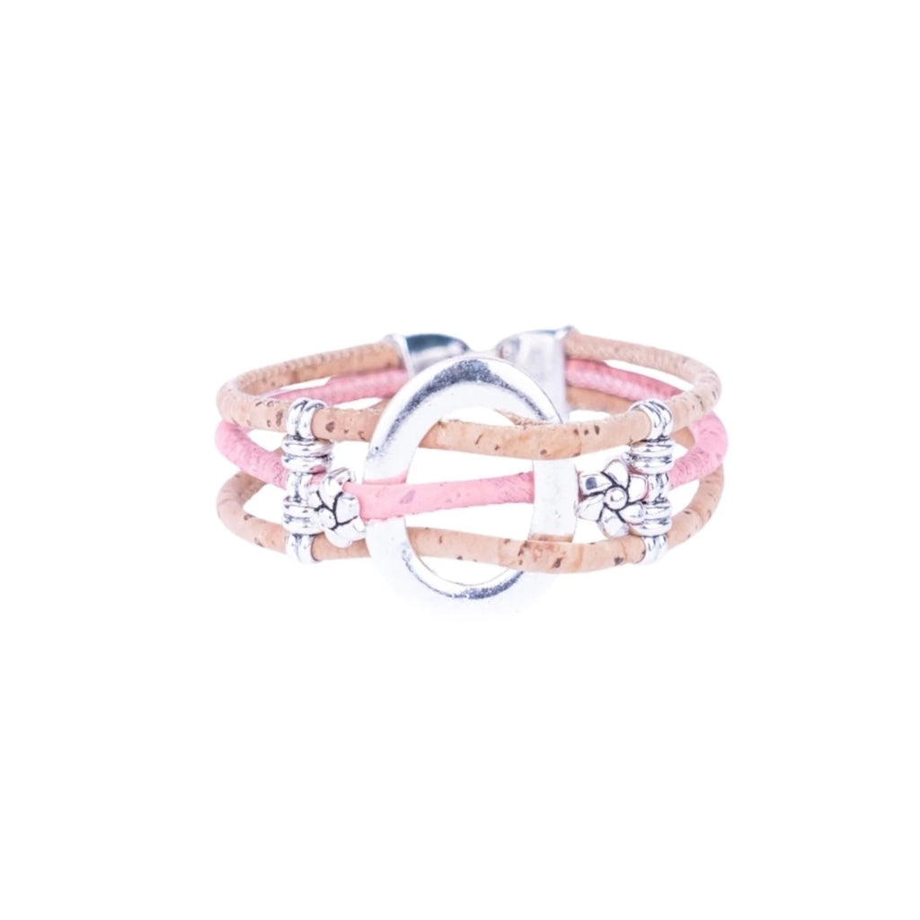 Meninas Bonitas Cork Multi-Colour Floral Handmade Bracelet 19x2.5cm – front view – pink cork variant with silver-tone floral charms.