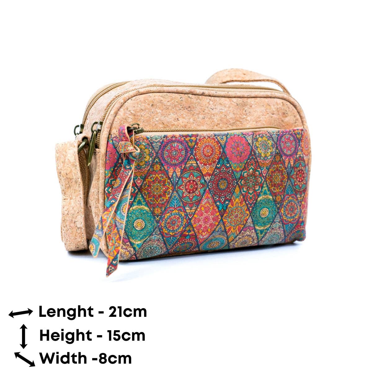 Meninas Bonitas Cork Patchwork Crossbody Bag 21x15x8cm – technical – front view displaying dimensions of 21cm length, 15cm height, and 8cm width.