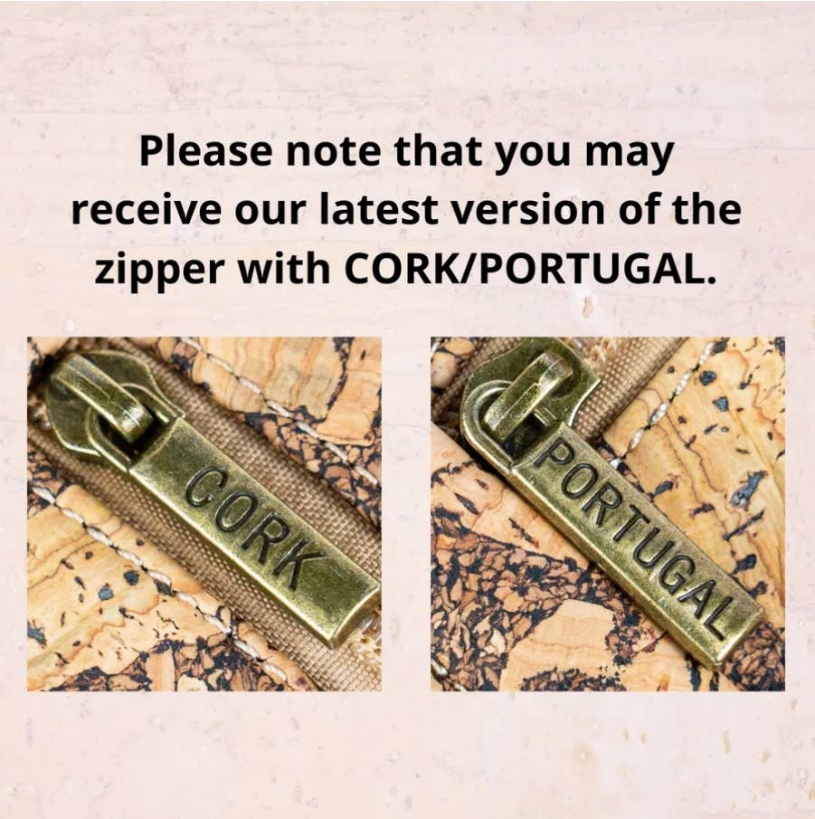 Meninas Bonitas Cork Patchwork Crossbody Bag 21x15x8cm – detail – close-up of the antique-style metal zippers and the adjustable cork shoulder strap.