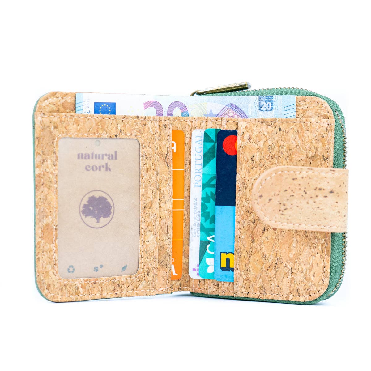Meninas Bonitas Cork Short Wallet 11.5x9.5x3cm – interior – open wallet displaying card slots, a clear ID window, and currency compartments.