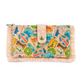 Meninas Bonitas Cork "Travel Impressions" Slim Wallet 17x9cm – front view – natural cork wallet with a vintage stamp pattern including the Statue of Liberty and Eiffel Tower.