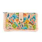 Meninas Bonitas Cork "Travel Impressions" Slim Wallet 17x9cm – front view – natural cork wallet with a vintage stamp pattern including the Statue of Liberty and Eiffel Tower.