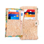 Meninas Bonitas Cork "Travel Impressions" Slim Wallet 17x9cm – interior – open view showing eight card slots, credit cards, and cash compartments.