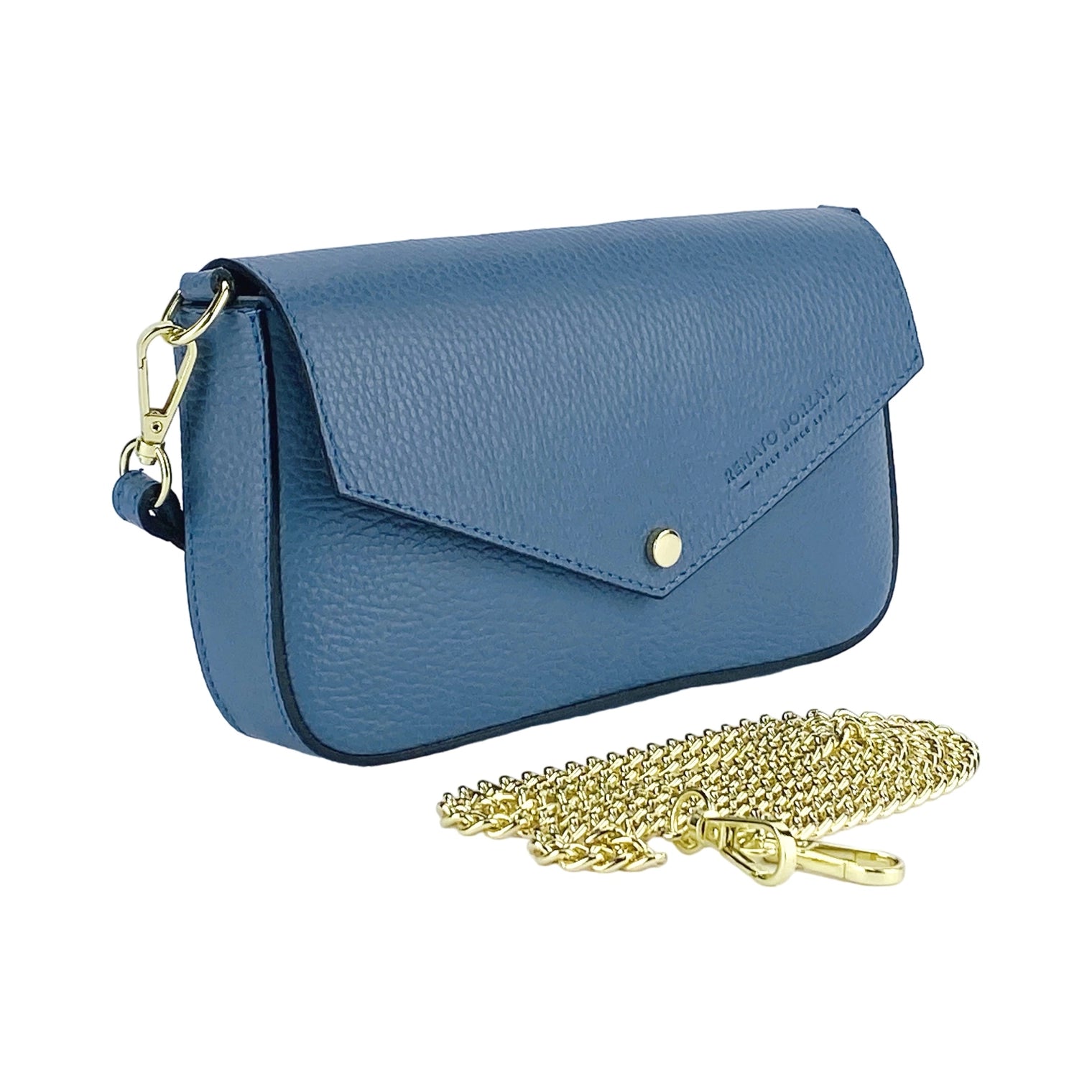 Renato Borzatta Avio Blue Leather Small Shoulder Bag 22x12x3cm – front angle – blue leather bag with gold-tone chain strap.