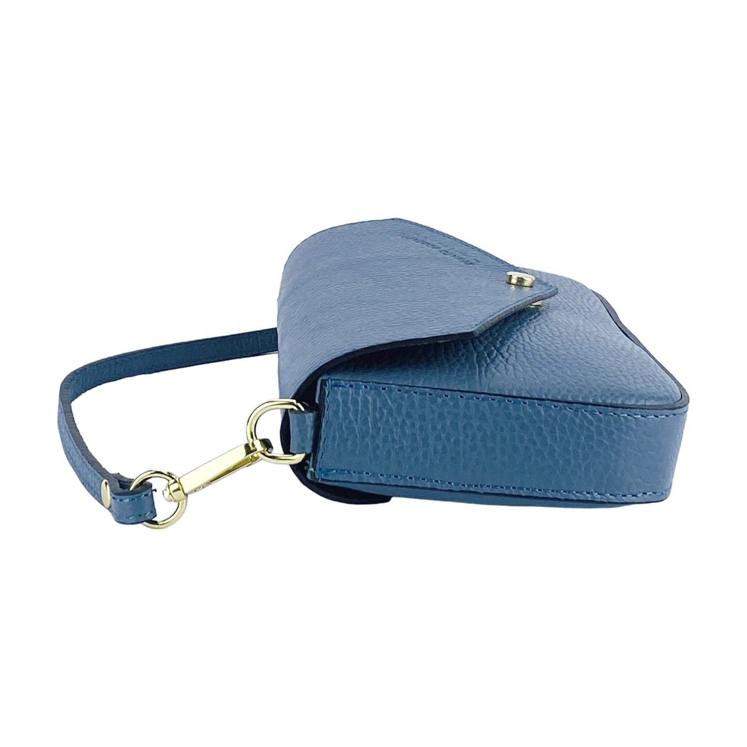 Renato Borzatta Avio Blue Leather Small Shoulder Bag 22x12x3cm – high angle – blue leather bag showing depth and internal compartment entry.